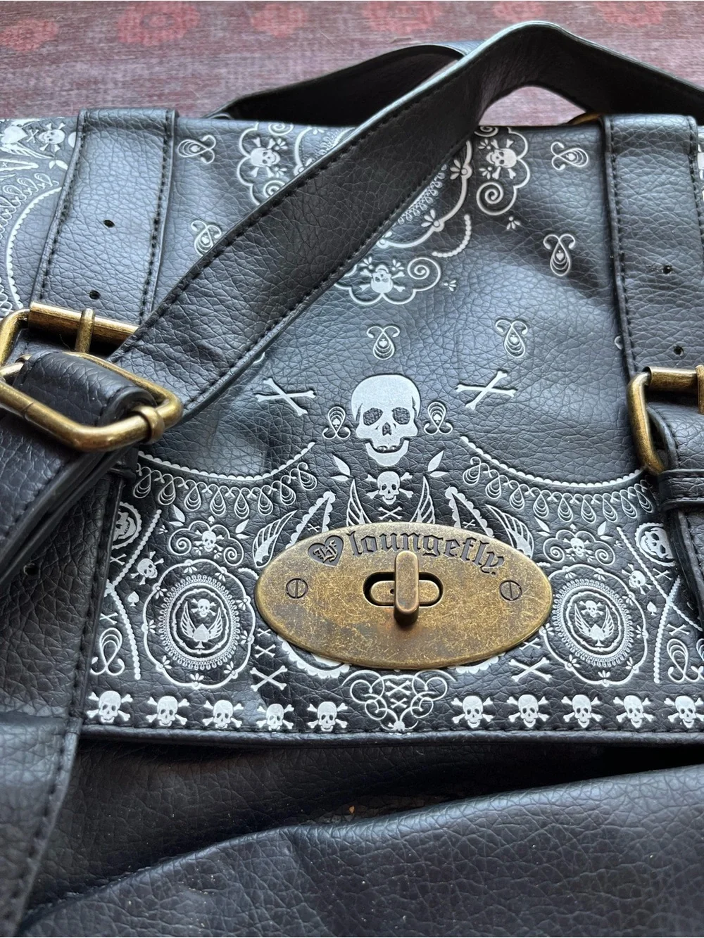 Loungefly Black Satchel Handbag with White Paisley Skull Print - Unisex